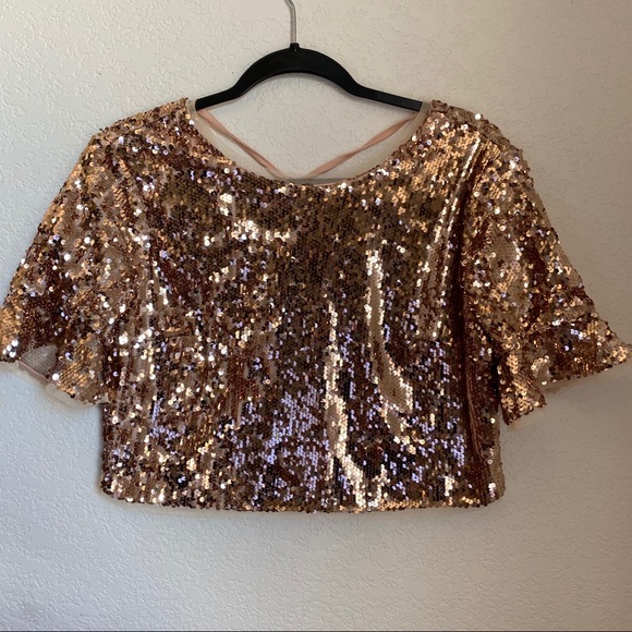 Lulu's Rose Gold Sequin Crop Top Bell Sleeves - Picture 3 of 7